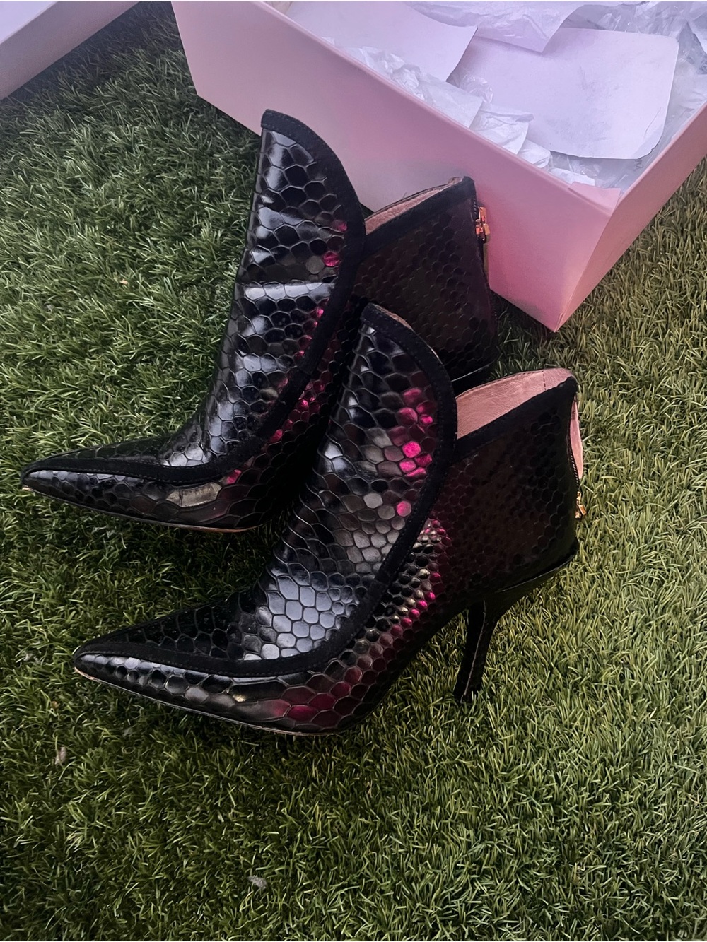 Louise et Cie Black Snake-Embossed Pointed Stiletto Ankle Boots